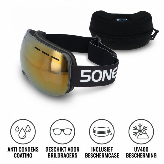 5one® Alpine 1 Bronze-Gold anti-condens Skibril met hardcase - Zwart frame