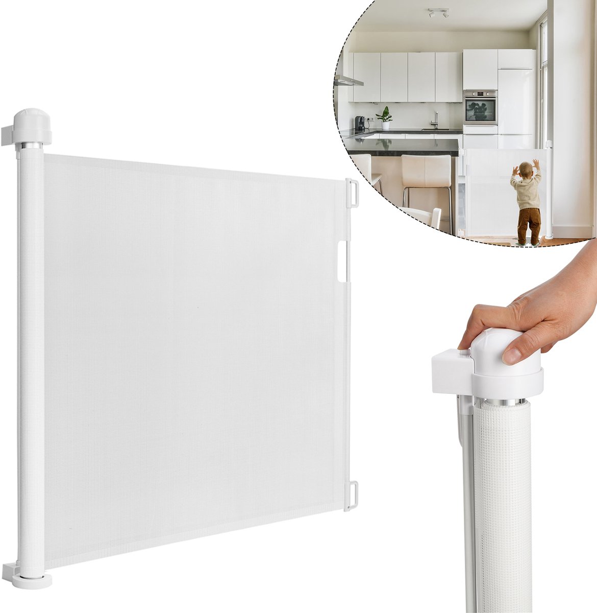 Froadp Deurbeveiligingshekje Roll Uitschuifbaar Afsluithekje 0-150 cm Trapbeveiligingshekje Beveiligingshekje Wit