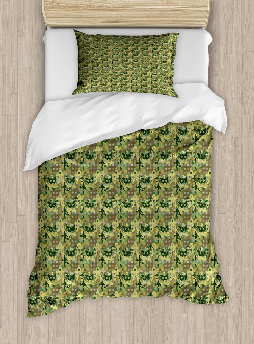 ABAKUHAUS Khaki dekbedovertrekset voor eenpersoonsbedden, camouflage met sterren en vliegtuig, inclusief kussensloop, 130 x 200 cm