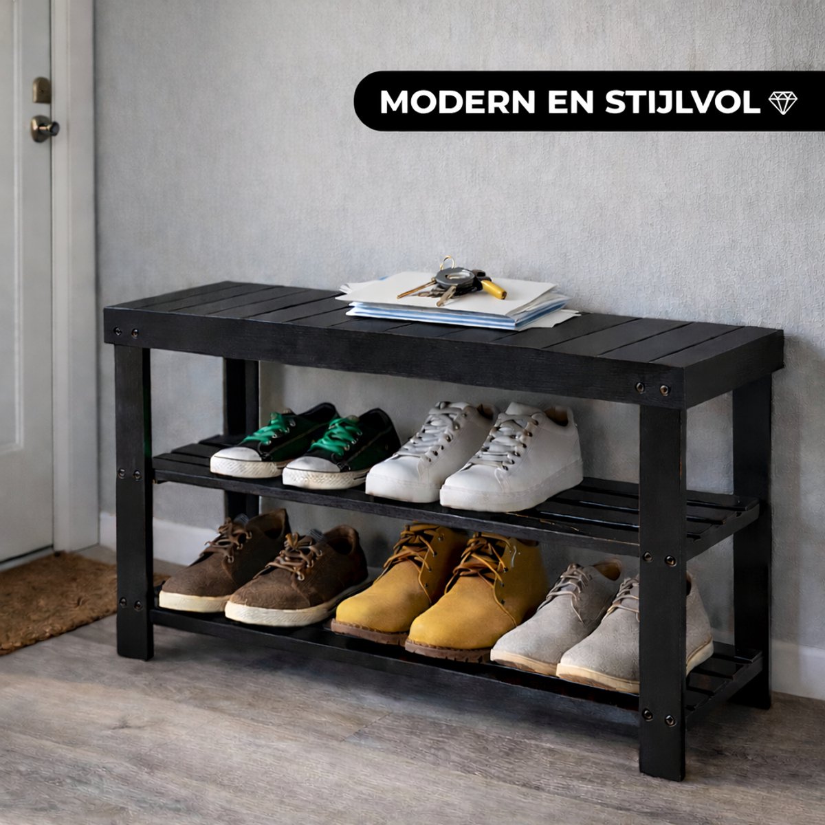 Bayt Schoenenkast Zwart Hout - Schoenenbank Voor 6 Paar Met Zitfunctie, Compact Voor Hal