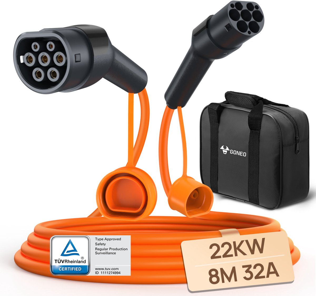 GONEO EV Type 2 oplaadkabel 22kW 8m 32A - mode 3 - 3 fase - Oranje, EU EV laadkabels