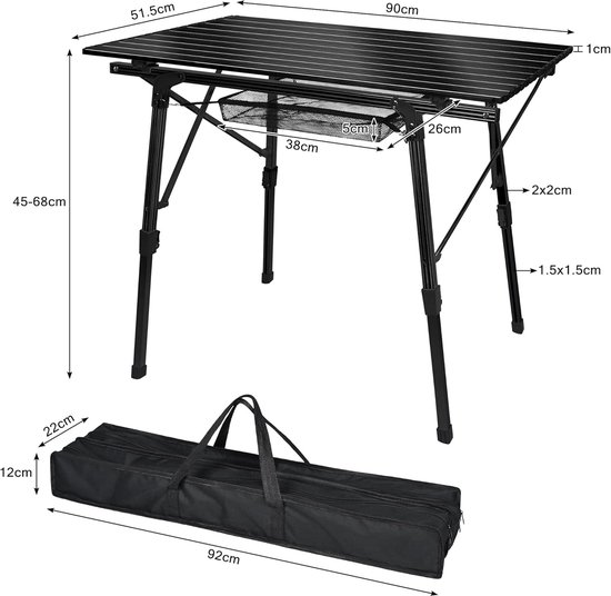 90x52cm Opvouwbare Campingtafel, 45cm-68cm in Hoogte Verstelbaar, Buffettafel Belasting tot 30kg, Aluminium Vouwtafels met Inklapbaar Tafelblad en Draagtas, Zwart Klaptafel voor Strand/Picknick/Balkon/Tuin, NAIZY van Merkloos — afbeelding 2