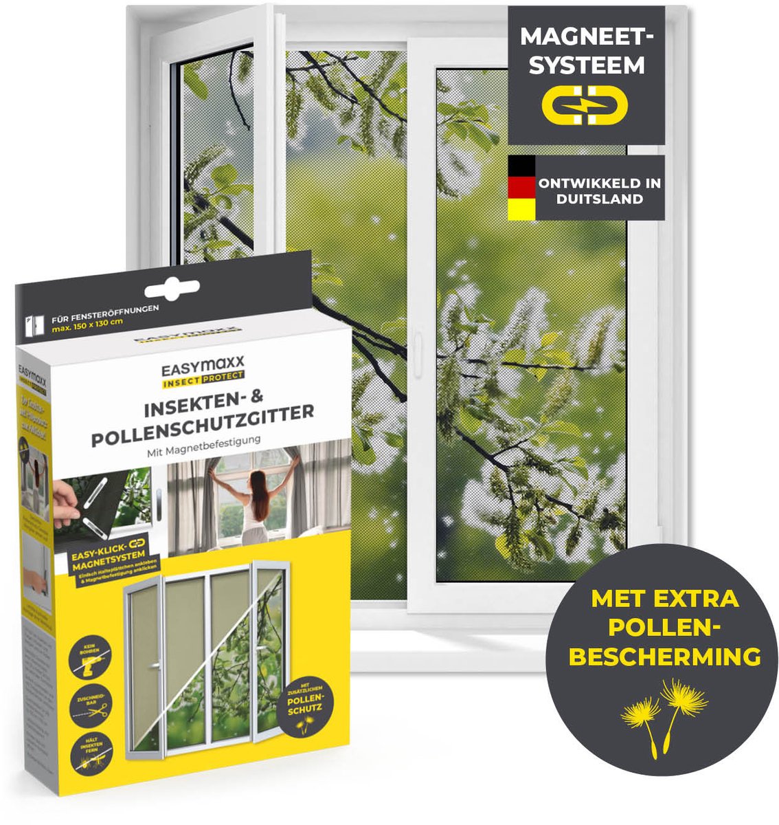 EASYmaxx Pollenhor voor ramen met Magic Click | Individueel op maat gesneden voor alle ramen tot 150 x 130 cm | Eenvoudige installatie met 12 magneten - niet boren of schroeven, grijs, 1 stuk