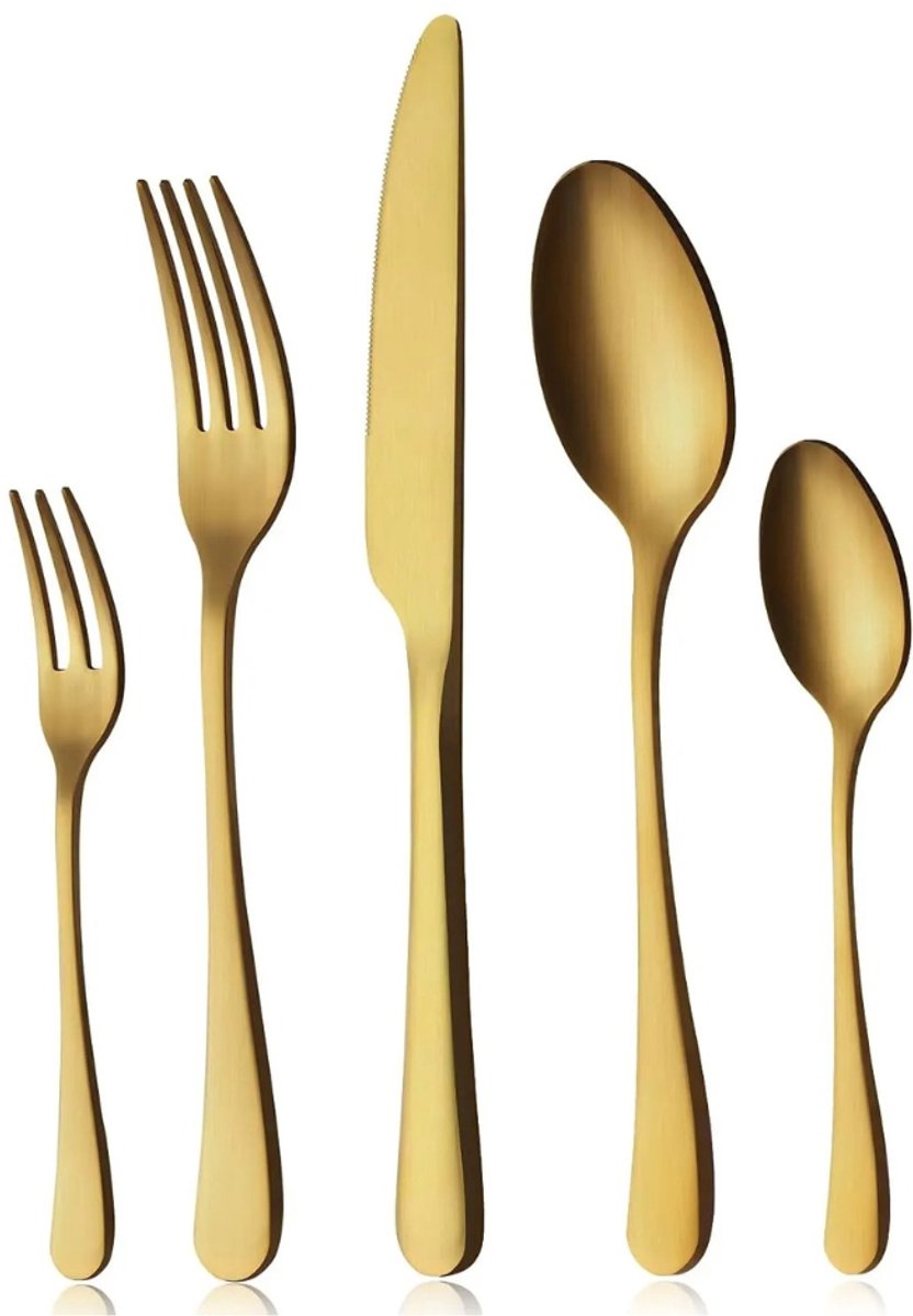 Sensova - 30-Delige Matgouden Bestekset van Hoogwaardig Roestvrij Staal voor 6 Personen - Inclusief Messen, Vorken en Lepels, Ergonomisch Design, Luxe Matte Afwerking, Duurzaam, Nikkelvrij en Vaatwasserbestendig voor Dagelijks en Feestelijk Gebruik