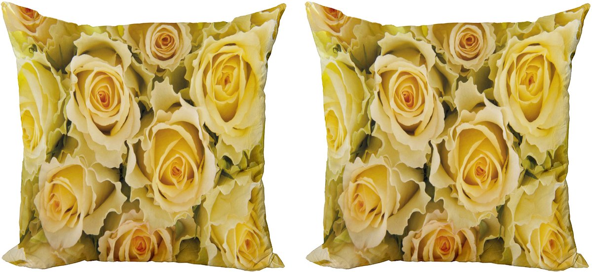 ABAKUHAUS Rozen Kussensloop Set (2 stuks), Gele Bruidsbloem, Dubbelzijdige Digitale Print Decoratie met Ritssluiting, 40 cm, Geel Lichtgroen