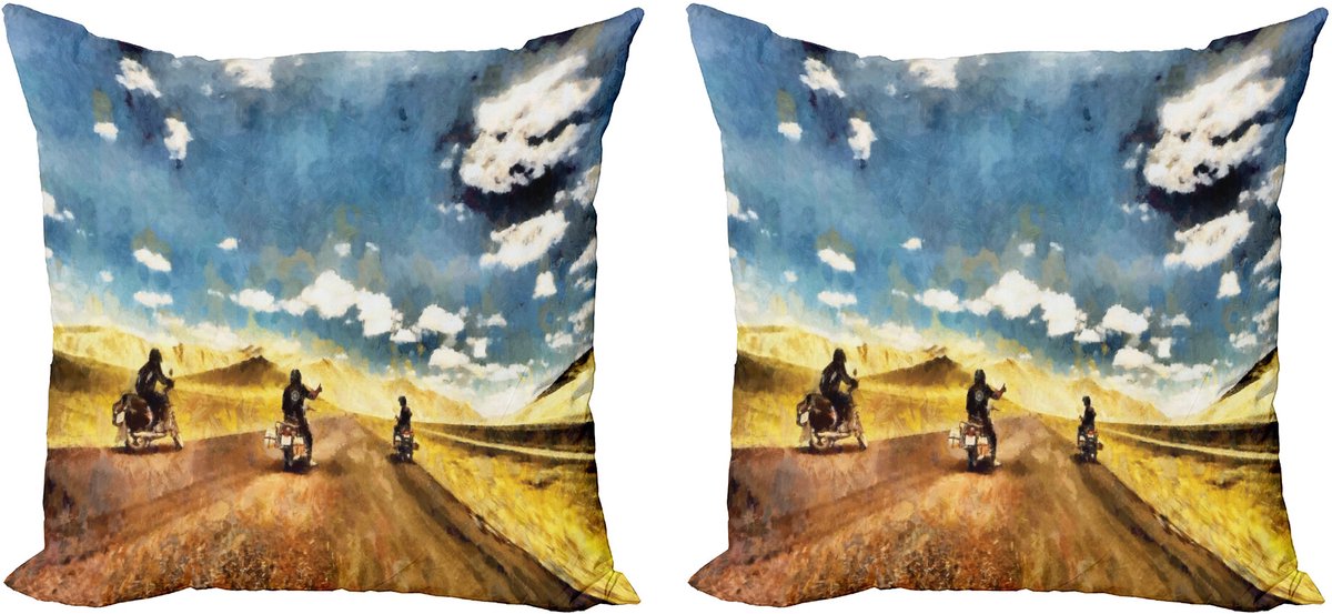 ABAKUHAUS Reiskussenhoes (2 stuks), Motorfietsen en Platteland, 40x40 cm, Bruin Geel Blauw