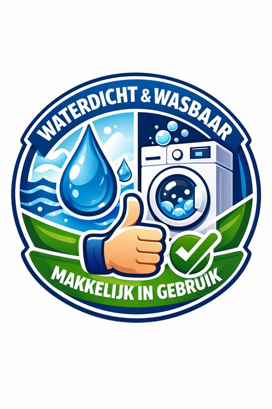 Logo met waterdruppels, een wasmachine, een duim omhoog en een vinkje. Tekst: Waterdicht & Wasbaar, Makkelijk in gebruik.