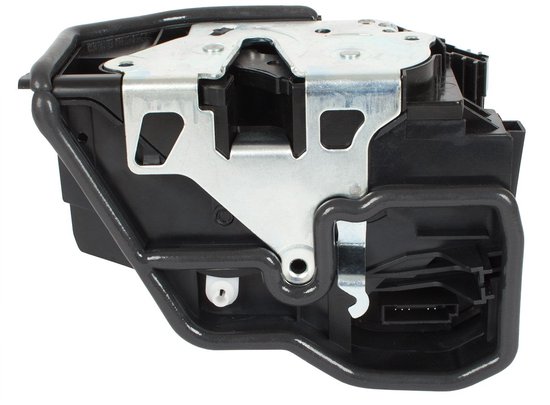 Zwarte deurslot actuator met metalen onderdelen en een grijze connector.