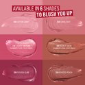 Zes swatches van blush in verschillende tinten: 100 COTTON CANDY, 250 CORAL DUST, 150 CHERRY ON POINT (shimmery pearl gold finish), 300 NEARLY SUEDE (shimmery pearl gold finish), 200 FUCHSIA GLAM, 350 ROASTED PEACH. Tekst: AVAILABLE IN 6 SHADES TO BLUSH YOU UP.