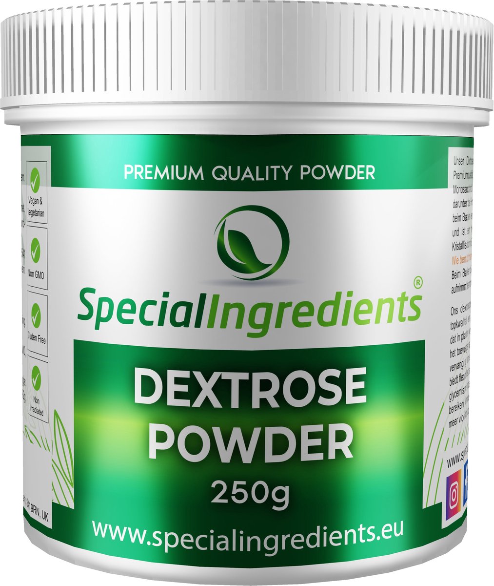 Dextrose Poeder - 250 g - Druivensuiker - Glucose - Dextro Energy zelf maken - Hersluitbare Pot - Recycled Plastic
