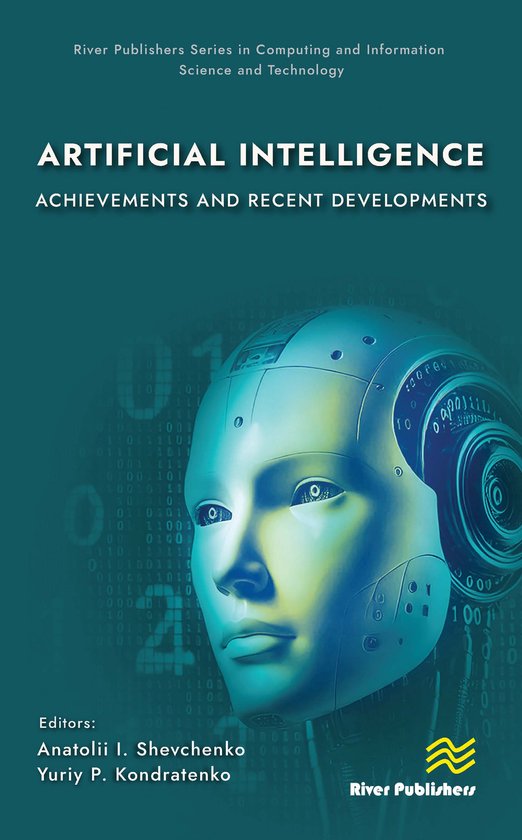 Boekomslag met de titel "ARTIFICIAL INTELLIGENCE ACHIEVEMENTS AND RECENT DEVELOPMENTS". Een robotgezicht met blauwe gloed en digitale cijfers op de achtergrond.