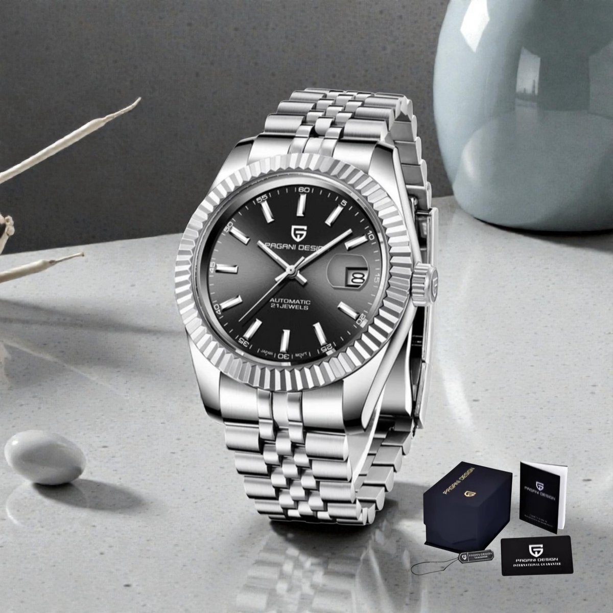 Pagani Design PD-1645 Automatisch Herenhorloge - Zwart Wijzerplaat, Saffierglas, Roestvrij Staal 42MM