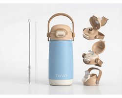 TIVVO Meegroeiende Drinkfles Kind RVS 420 ml – 3 Verwisselbare Doppen – Dubbelwandig & Isoleerend – Lekvrij - Blauw