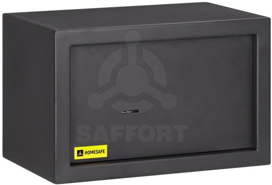 Gesloten zwarte kluis met gele HomeSafe sticker.
