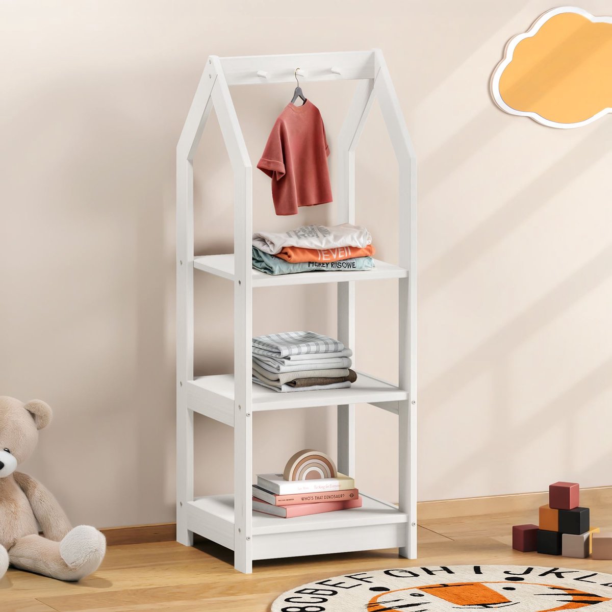 Kinderplank SALLY huisvorm, wit - Montessori kinderplank met 3 planken, praktische haken voor organisatie. Planken voor kinderkamer, kindermeubilair, kinderkledingkast - Hoofdafbeelding