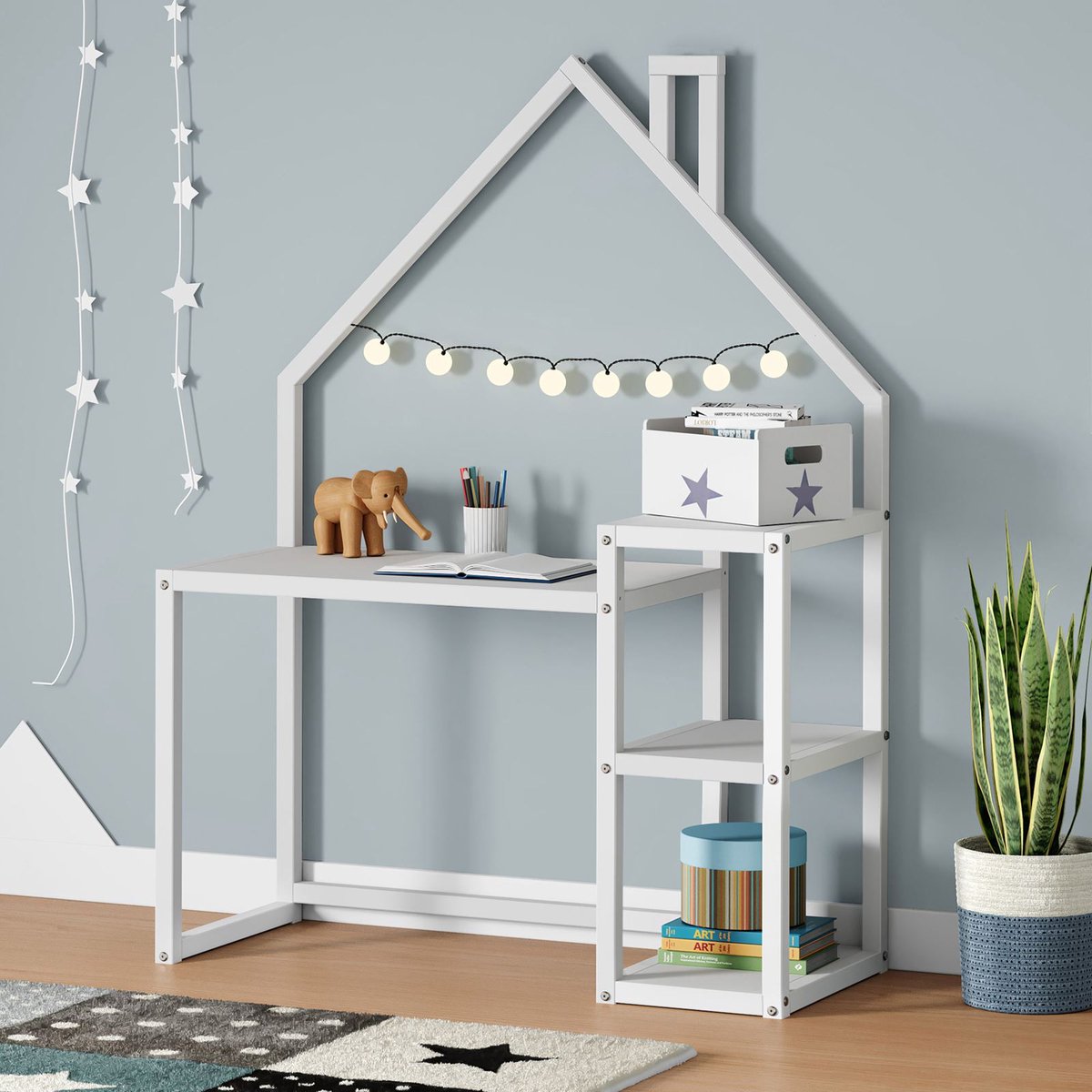 Kinderbureau NIVIA huisvorm wit met plank opbergruimte gemaakt van massief grenen. Stabiel en duurzaam, perfect voor kinderkamers. Montessori-meubilair ideaal voor huiswerk of knutselen - Hoofdafbeelding