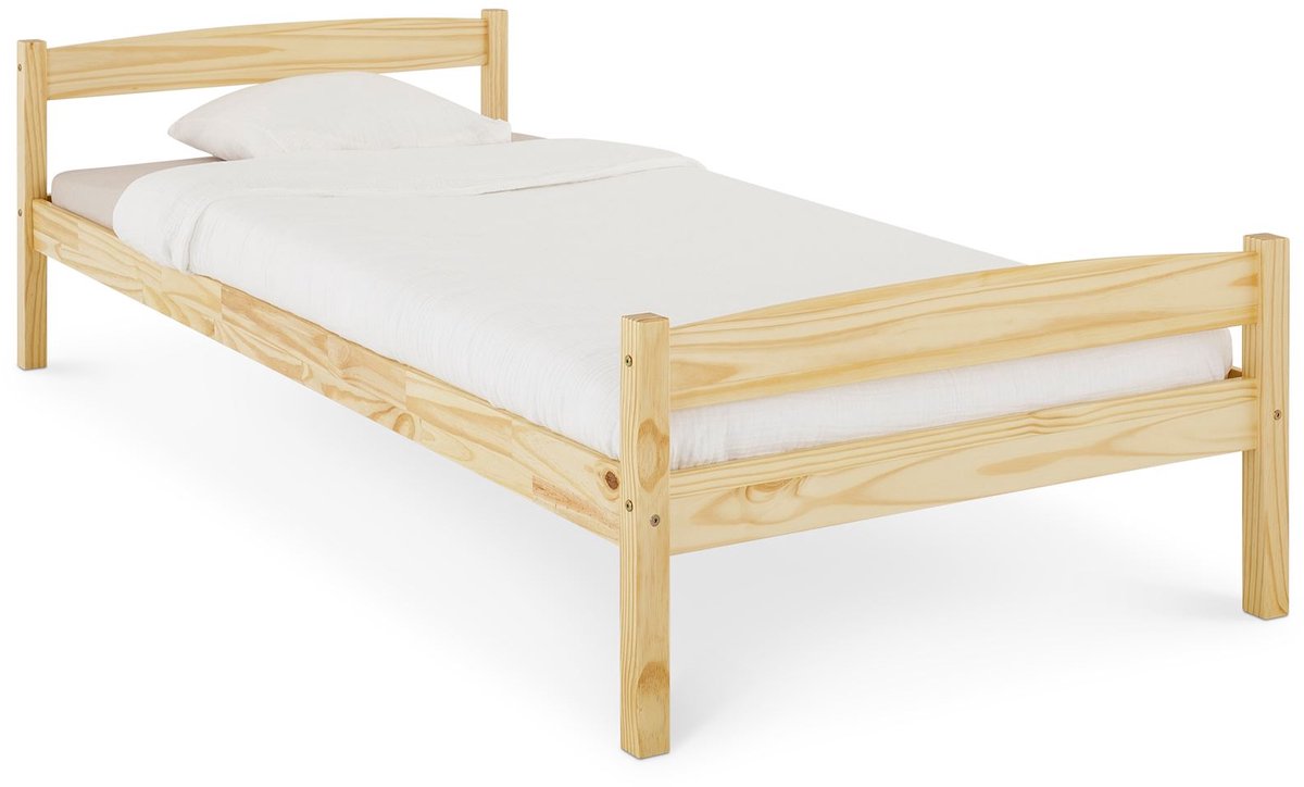 Jeugdbed BORIS in 90 x 200 cm, naturel gelakt, massief grenen, met hoofdbord en voeteneind