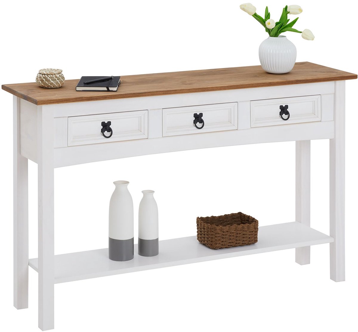 Bijzettafel CAMPO met 3 lades - Wit/bruin