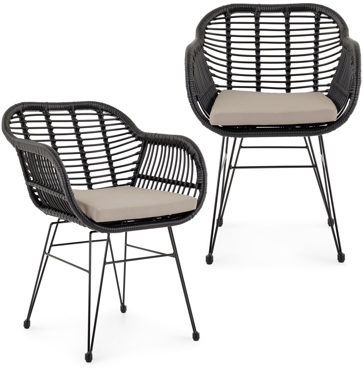 PARAMO tuinstoelen in een set van 2 gemaakt van polyrattan, zwart/beige - moderne eetkamerstoel in rotanlook, keukenstoel met zitkussen, rieten stoel met stevig metalen frame