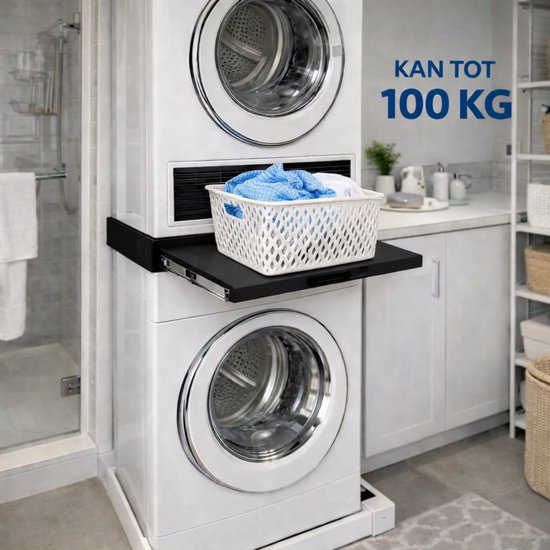 Wasmachine met droger erop, met uitschuifbaar zwart werkblad en wasmand