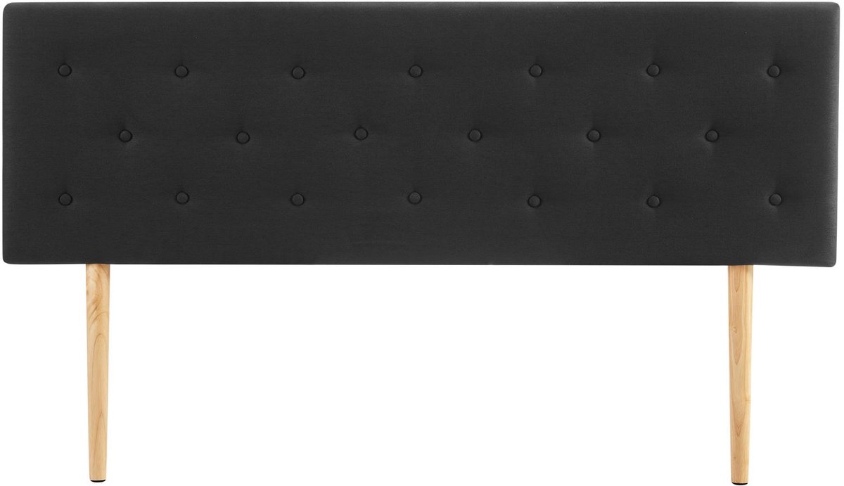 Hoofdbord LULINE met houten poten 160 cm in zwart - Gestoffeerd hoofdbord voor tweepersoonsbed met hoogwaardige sierknopen & elegante stoffen bekleding - Hoofdafbeelding
