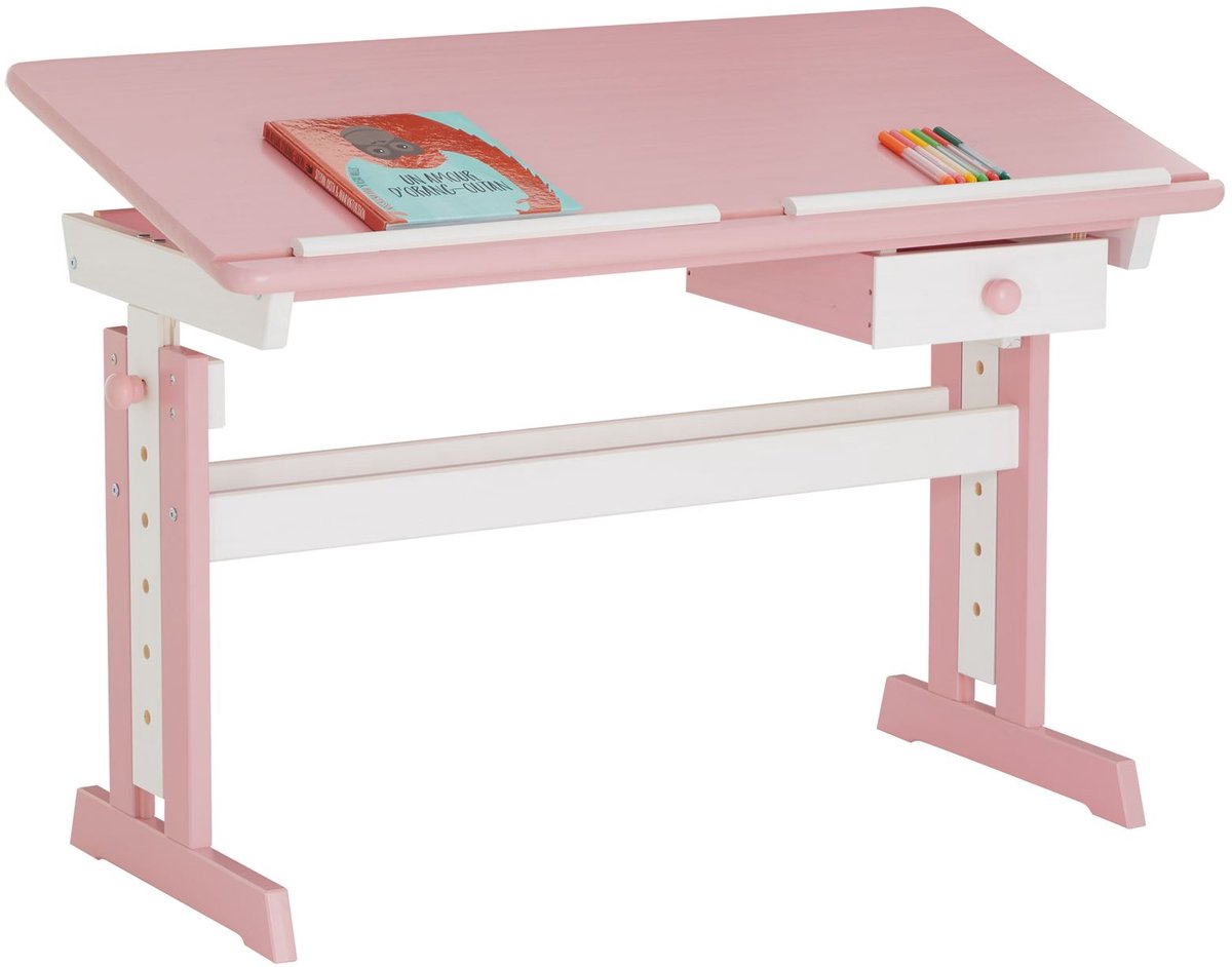 Kinderbureau FLEXI van massief grenen, in hoogte verstelbaar in wit/roze