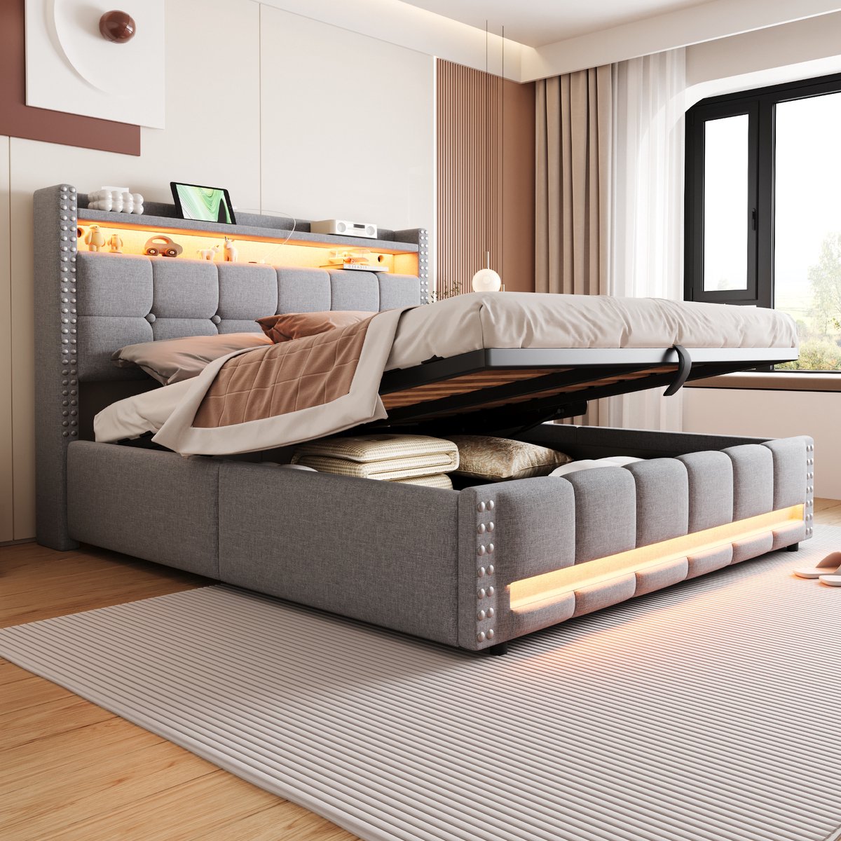 Wishdor Opbergbed 160x200 cm – Hoofdbord met Planken & LED – USB & Hydraulische Opbergruimte – Linnen Lichtgrijs – Multifunctioneel Opbergbed