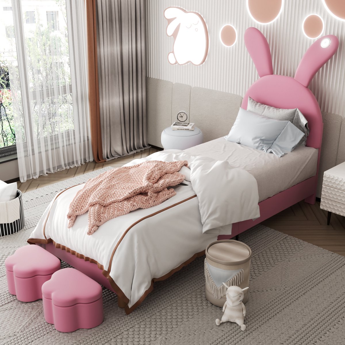 MODFU Bedframe 90x200 cm – Roze fluweel met LED & 2 opbergbanken – Verstelbaar hoofdbord