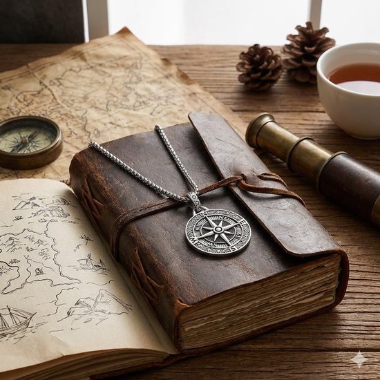 Zilverkleurige schakelketting met kompas hanger op een bruin lederen notitieboek.