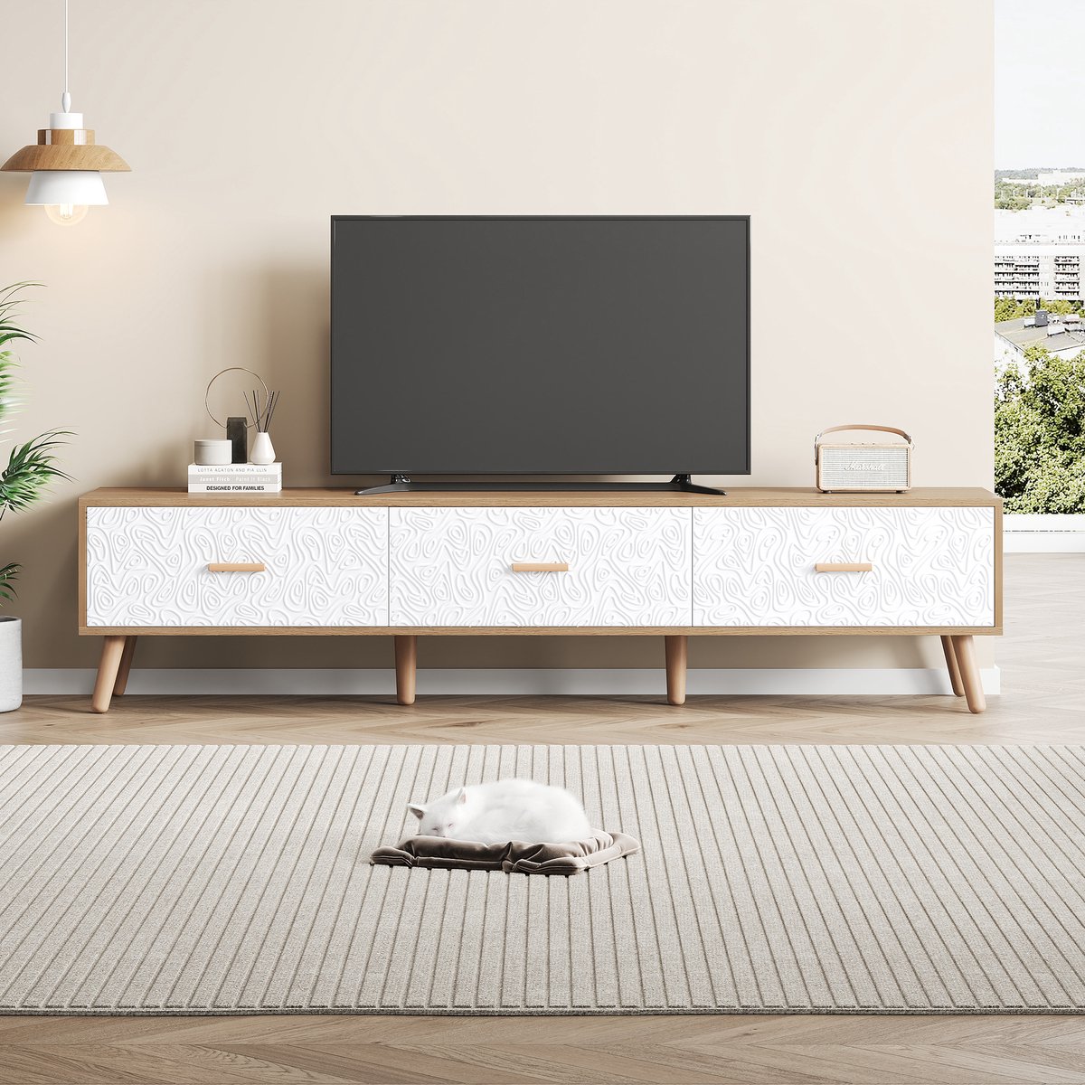 FloraGrace Tv Meubel - Retro Design Met Witte Structuurfronten En 3 Lades - Voor Woonkamer Slaapkamer En Kantoor - Spaanplaat - 150x39x35 Cm