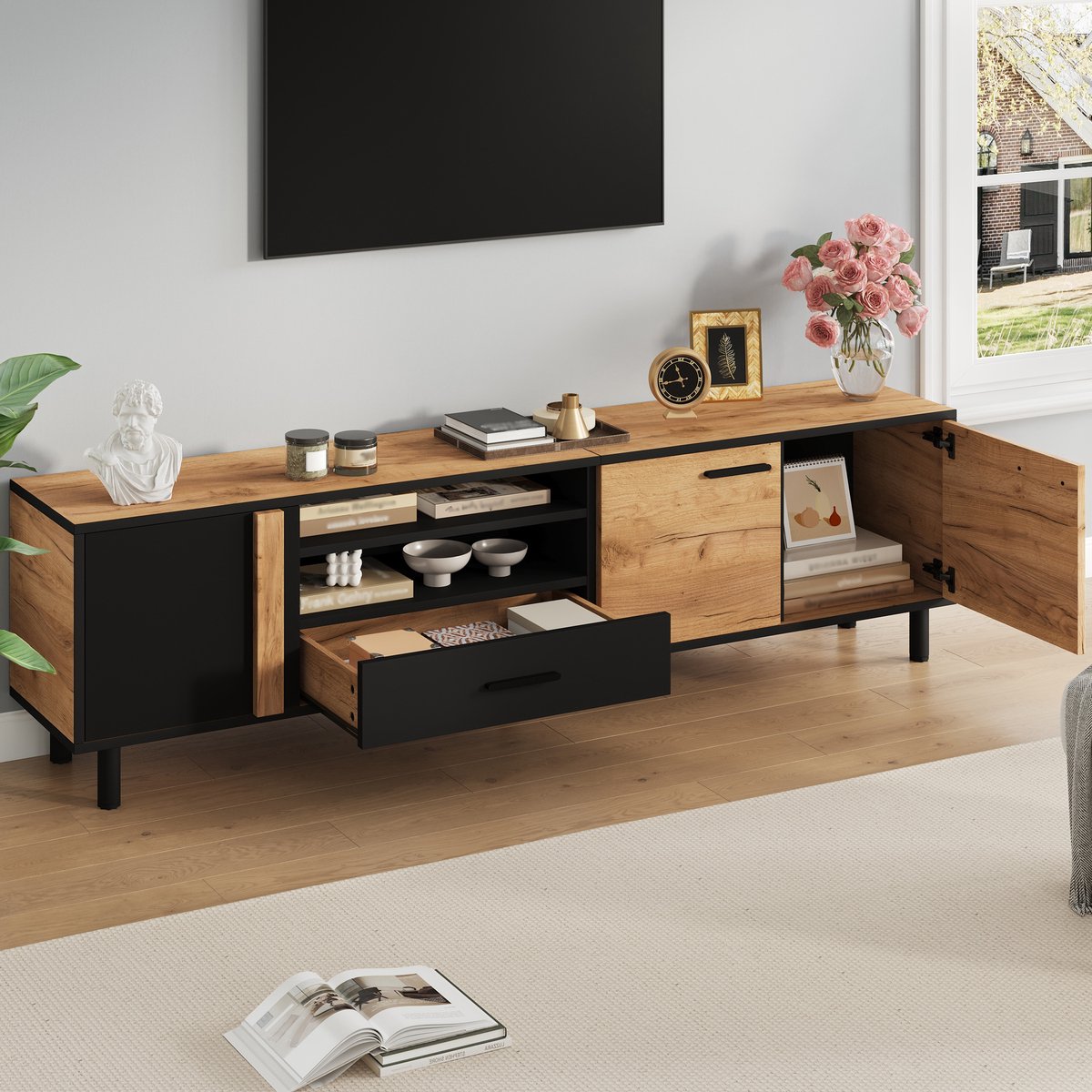 FloraGrace Tv Meubel - Voor Televisies Tot 80 Inch - 3 Kasten 1 Lade Open Vak - Spaanplaat Zwart Houtlook - 180x32,5x50 Cm