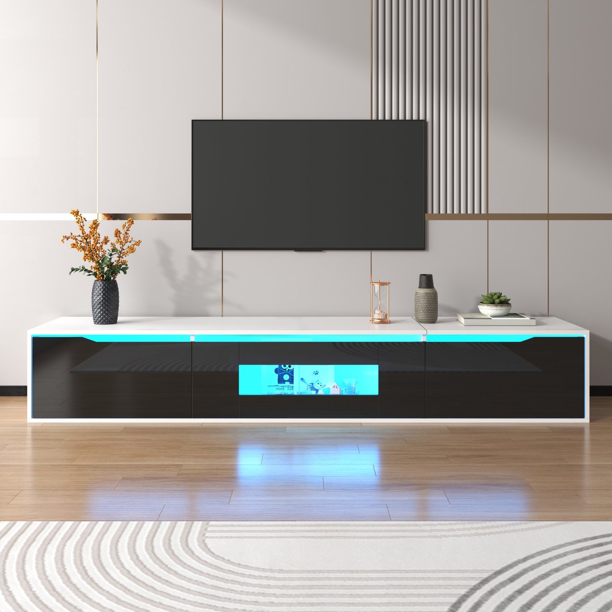 Tv-meubel Hoogglans - Zwart & Wit - Inclusief LED Strip (16 Kleuren) - Scandinavisch Modern - Gegroefd Design