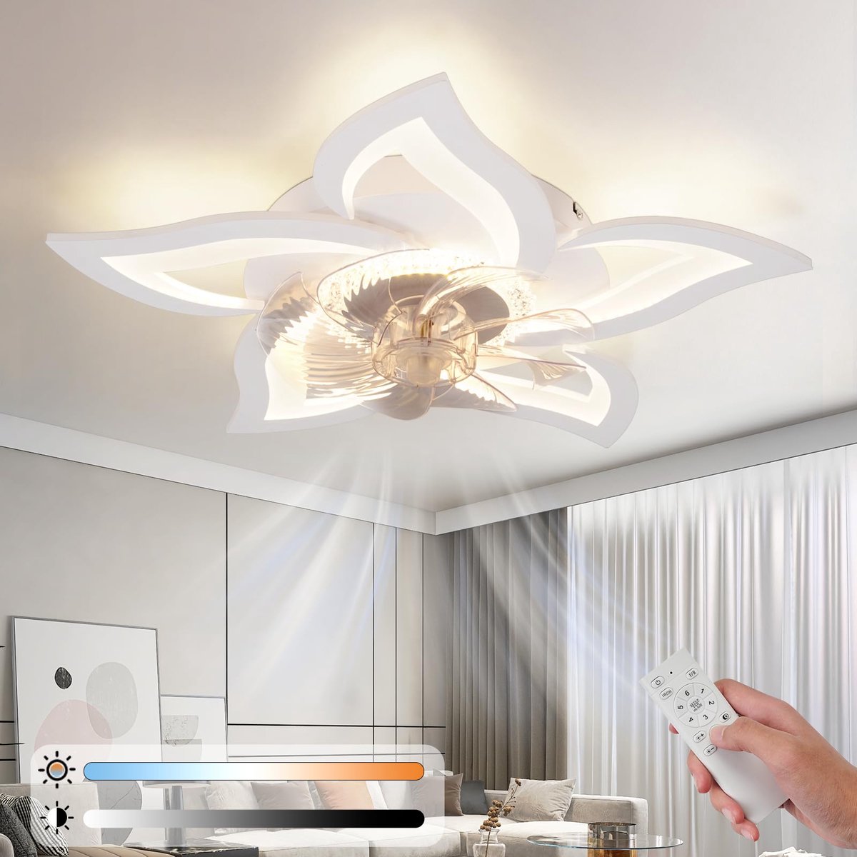 Glitzerlife - Plafond ventilator met verlichting Plafondlamp - Dimbare LED Stille plafondventilator - Afstandsbediening 6 Snelheden Timer Nachtmodus - Modern Acryl ABS - Ø62cm - Wit