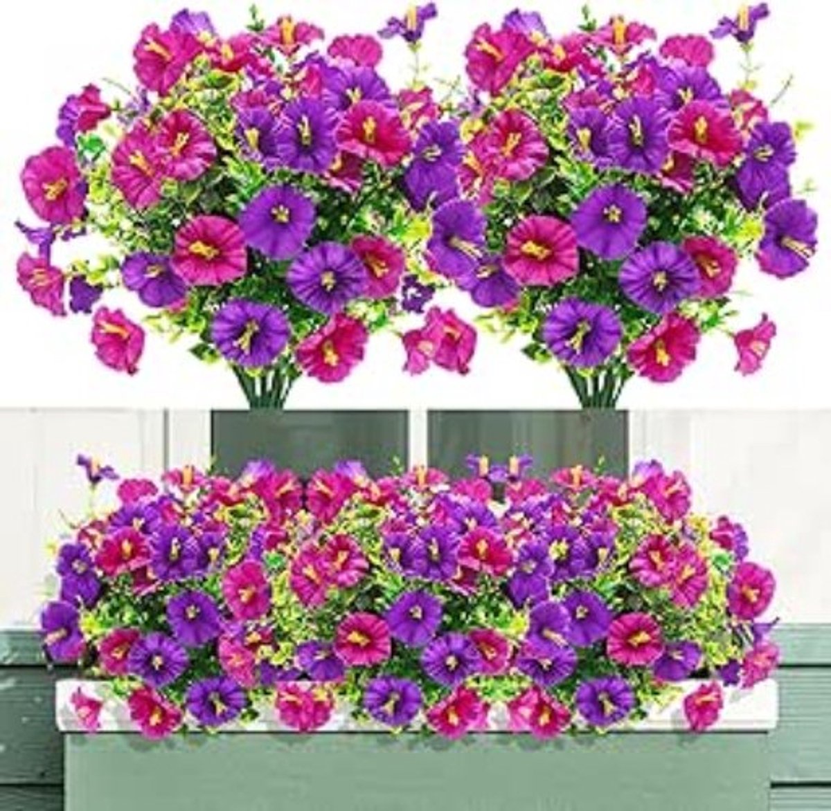 Famanu 4 Bundels kunstbloemen - kunstbloemen als echte - kunstmatige Petunia balkonplanten - lente bloemen kunstmatige - Plastic bloemen decoratie voor binnen buiten balkon tuin(Roze Paars) Roze Paars-4 Bundels