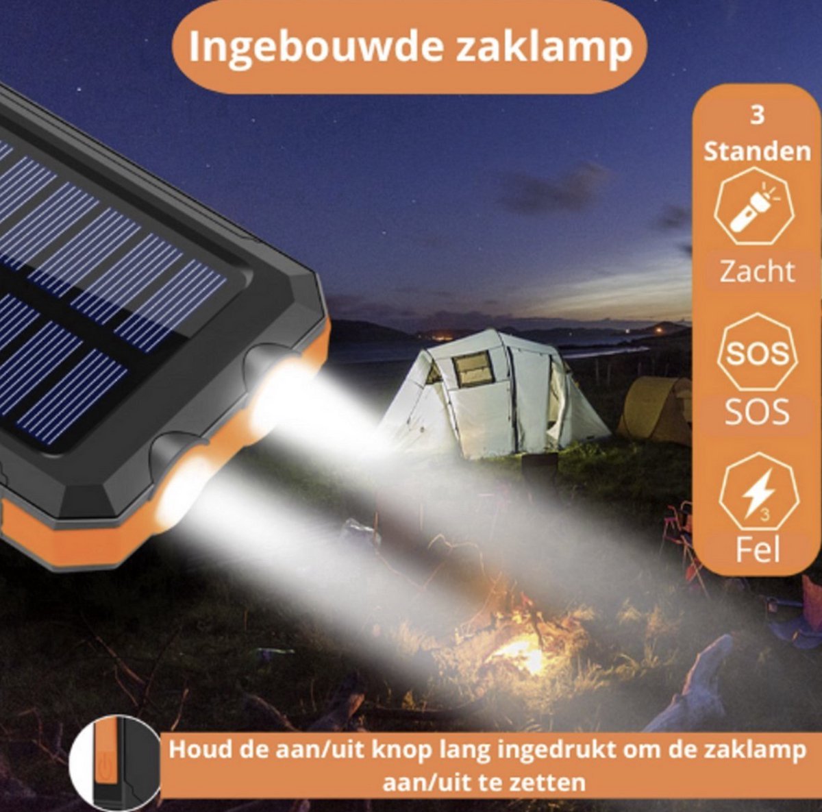 Solar Powerbank 20.000 mAh – Draagbare Oplader 3-in-1 – Zonne-energie – Waterdicht & Schokbestendig – Snelladen USB/USB-C – Powerbank met Zaklamp – Camping, Outdoor & Vakantie - QuickPrep – foto 4