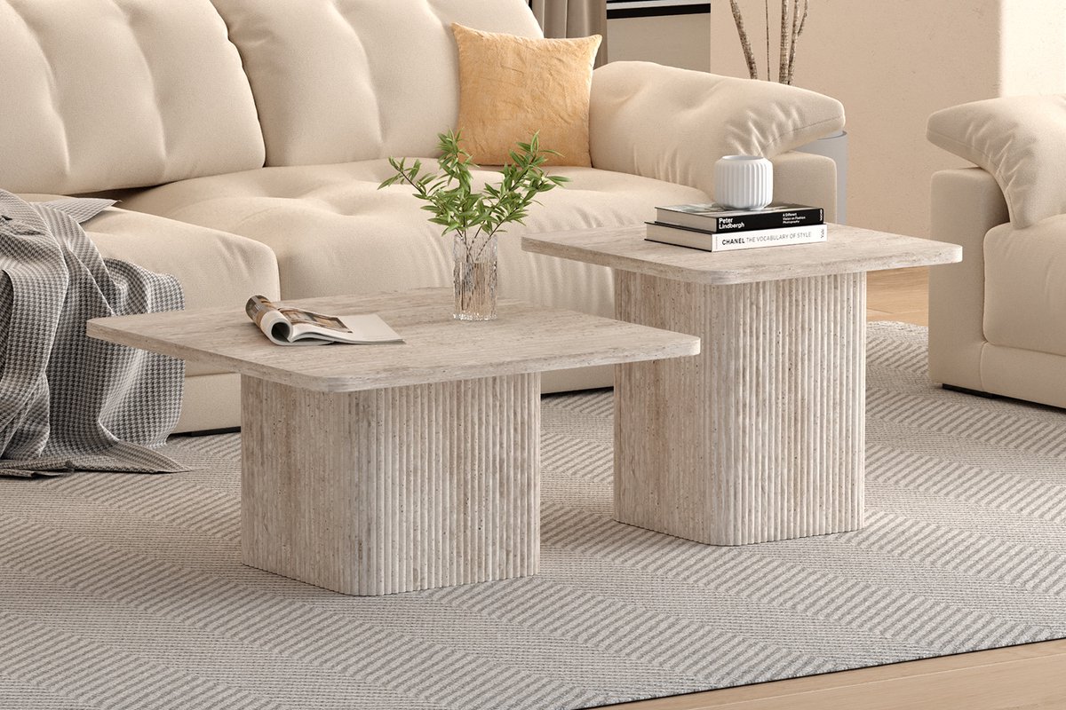 Set van 2 Salontafels 'Bobby' in Decor travertin Beige kleur - H 52-42 x L 60-80 x B 60-80 cm