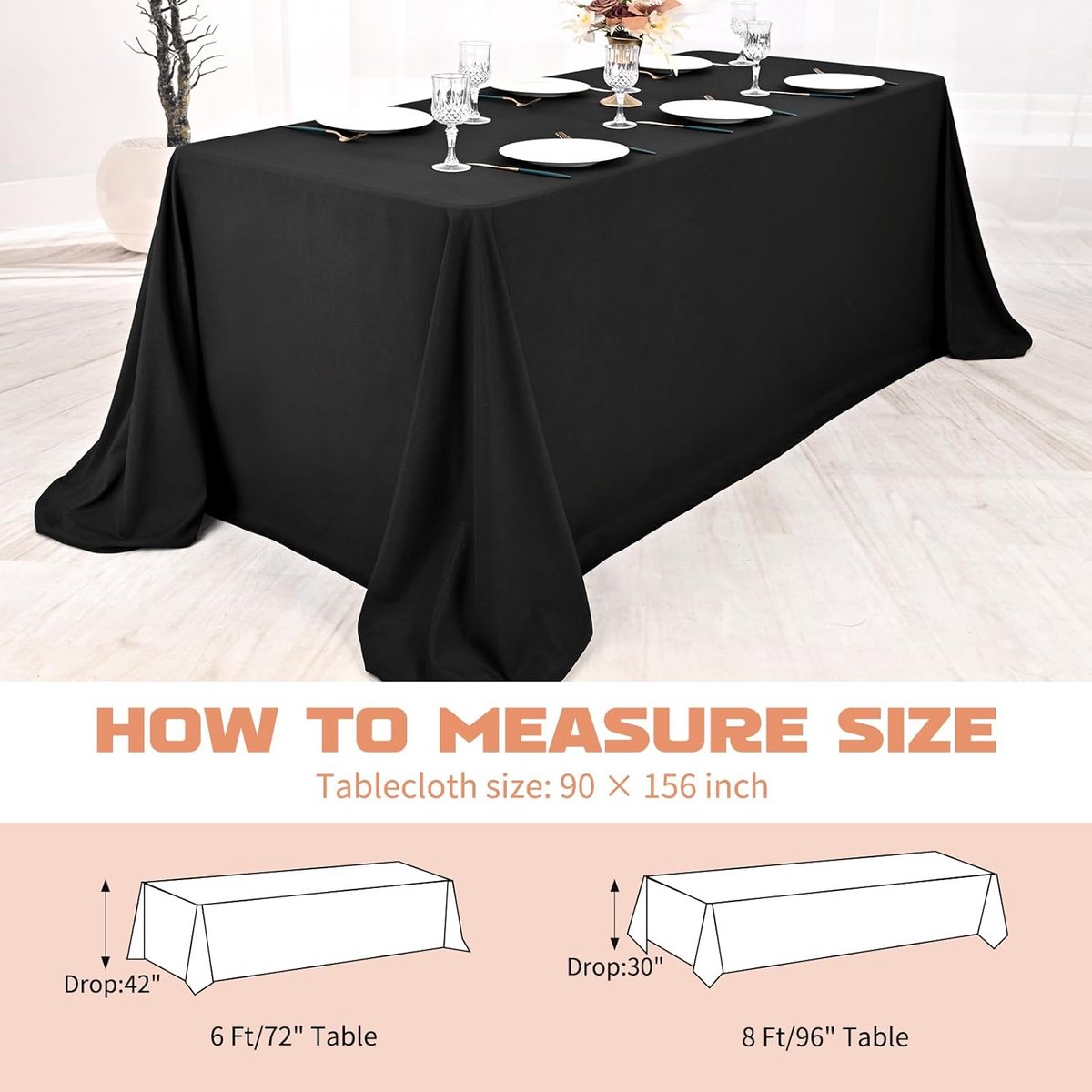 Zwart Rechthoekig Tafelkleed Polyester 228x366 cm Wasbaar voor Feest en Diner