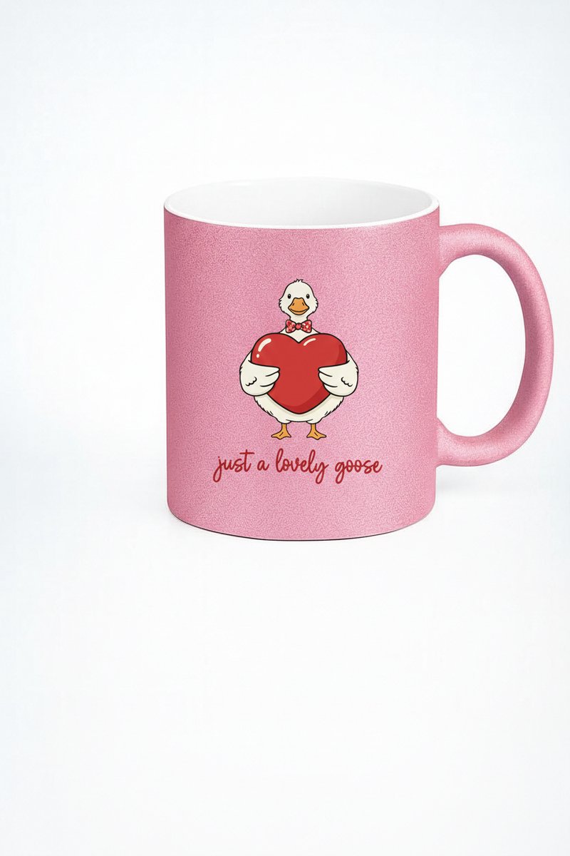 Roze Glitter Mok 'Just a Lovely Goose' - Schattige Gans met Hart - Romantisch Cadeau