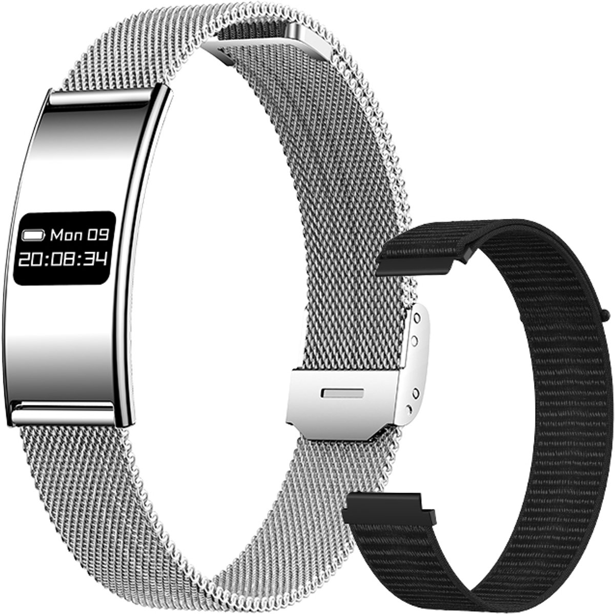 WizBay Premium Select® Smart Bracelet 2026 - Ultradun 2,8 mm - Hartslag en SpO2 - Slaapmonitor - 5ATM Waterdicht - Fitness Tracker - IPS Screen - Android en iOS - Zilver RVS Band extra Zwarte Siliconen Band