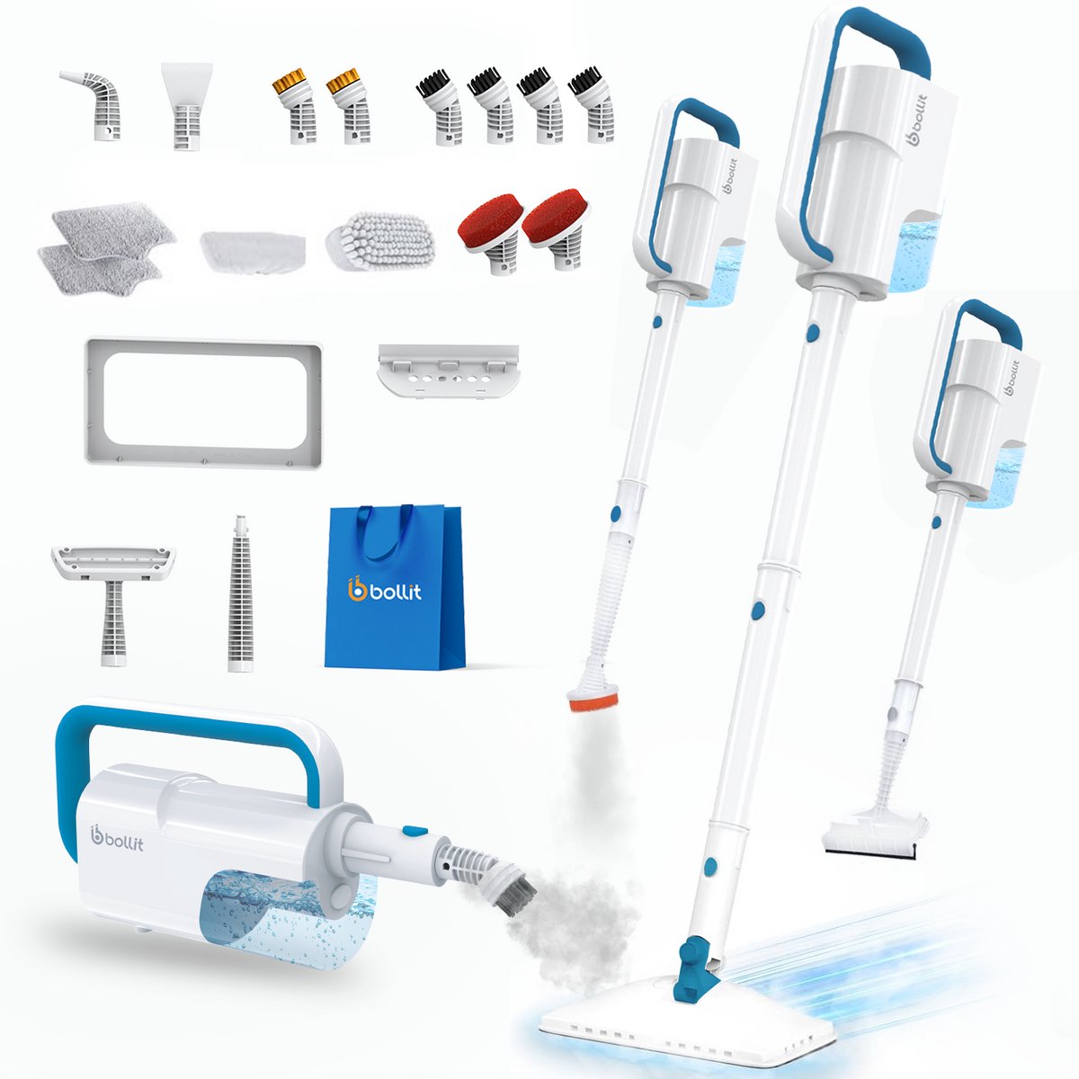 BOLLIT 20-in-1 Stoomreiniger 1550W Lichtgewicht – Steam Cleaner – Handstomer – Kledingstomer – Handstoomreiniger – Tapijtreiniger – Dieptereiniging voor Vloeren, Tegels, Badkamer, Ramen & Textiel – Zetelreiniger – Vlekkenreiniger – 120°C
