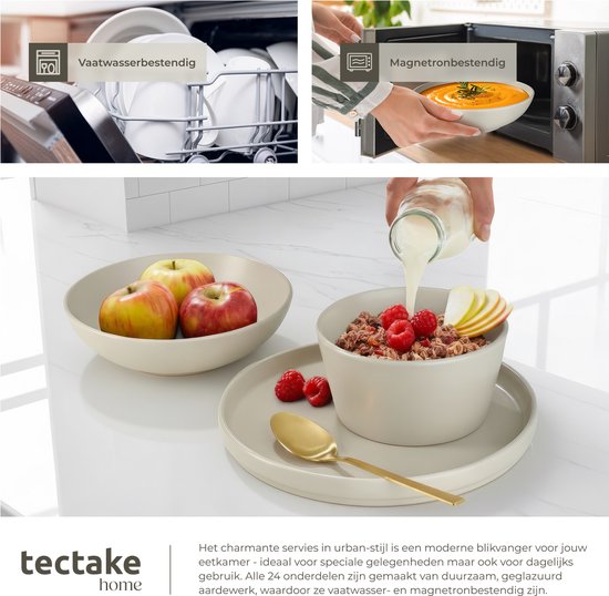 tectake® Serviesset Una - 24-delig - Aardewerk - 6 Persoons - Stijlvol en Duurzaam Servies - Bordenset met Grote en Kleine Borden, Kommen, Schaaltjes - Taupe — afbeelding 4