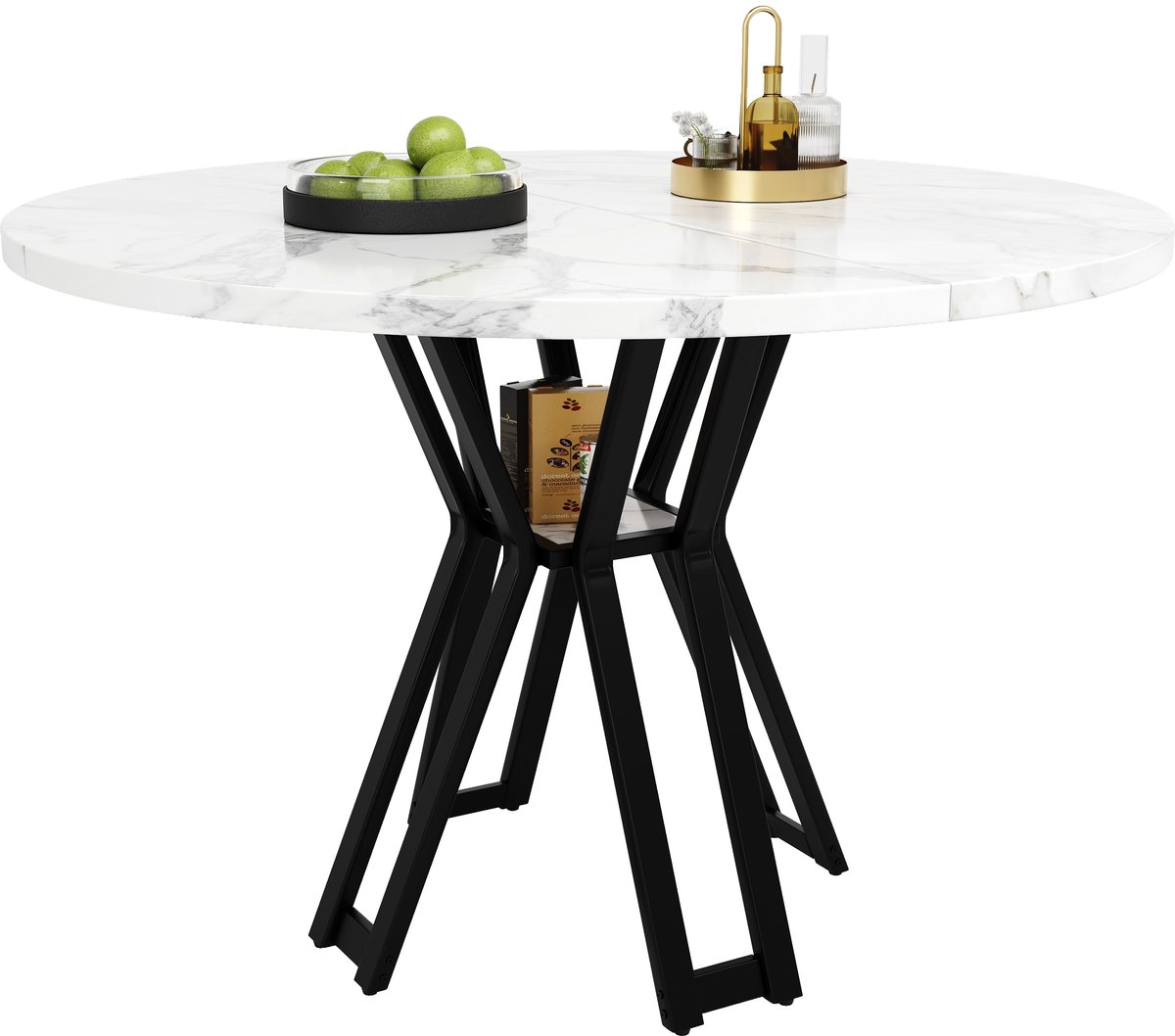 Merax Ronde Eettafel 100 X 100 X 76 Cm Met Marmerlook Tafelblad En Zwart Metalen Onderstel