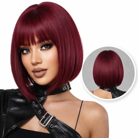 SassyGoods Rode Pruik - Pruiken Dames kort Haar met Pony - Wig - Steil Haar Bob - Wasbaar - Wijn Rood - 30 cm