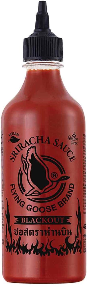 Flying Goose Sriracha Chilli Saus Extra Sharp Black Cap 455 ml – Extra Heet & Pittig | Authentieke Thaise Hete Saus | Voor Dips, Marinades & Koken met Kajal Sticker