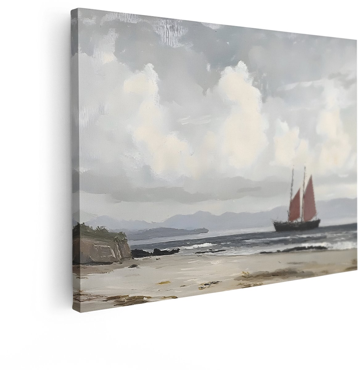 Artaza Canvas Schilderij Zeilboot - 80x60 cm - Wanddecoratie Zee - Muurdecoratie Strand - Decoratie Landschap Schilderij - Rood