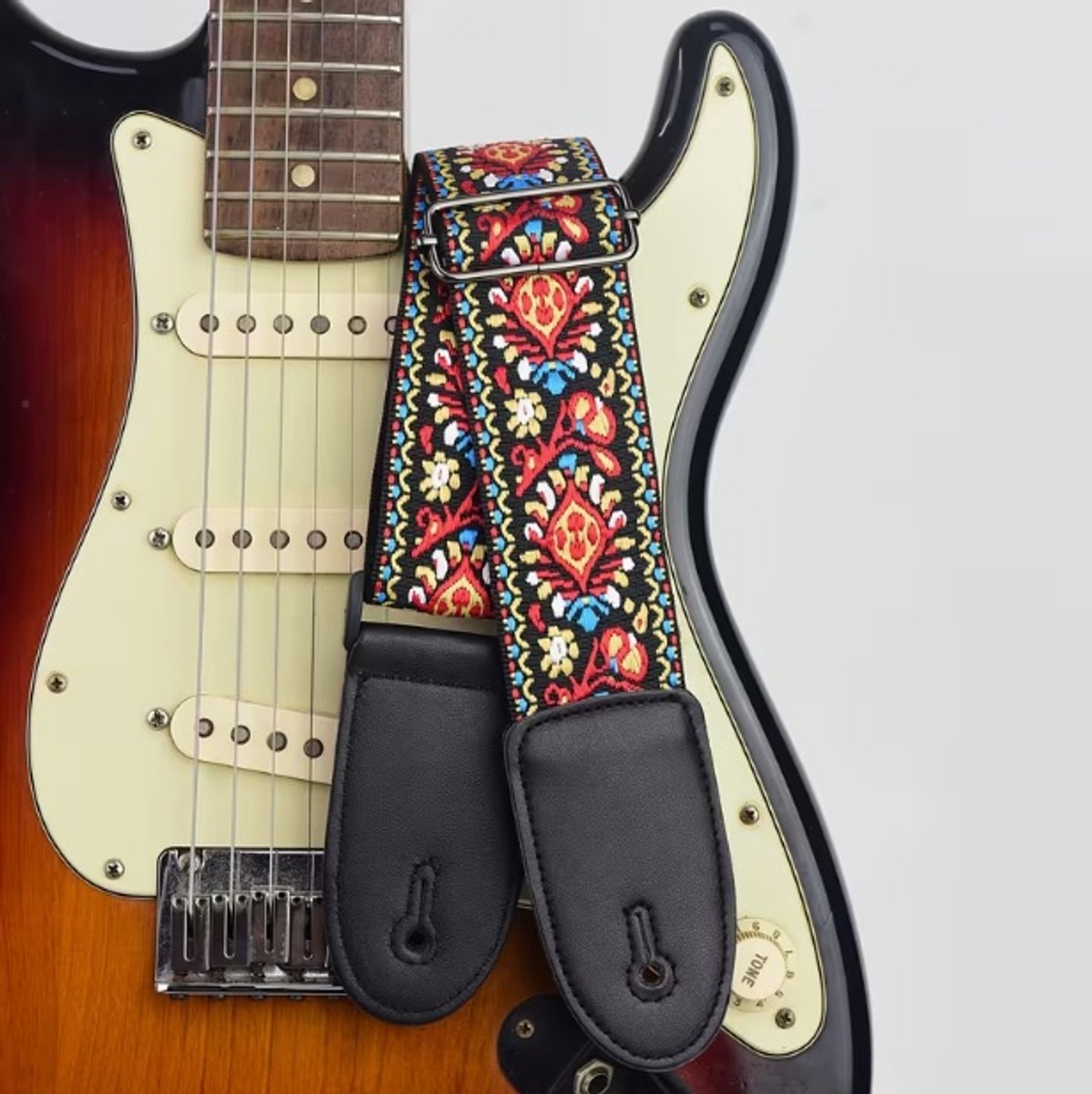 P&P® - Professionele Verstelbare Stevige Gitaarband - Guitar strap Band - Luxe Gitaarriem - Bas/Elektrische /Akoestische/ Klassieke Gitaar - Geborduurd Rood - Lichtblauw