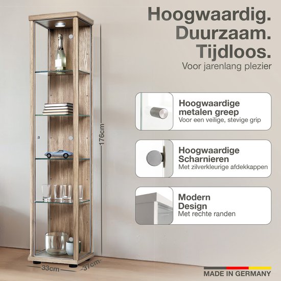 Vitrine sur pied à 1 porte, 4 étagères en verre réglables en hauteur - Éclairage LED - 176 x 37 x 33 cm - Chêne Sonoma
