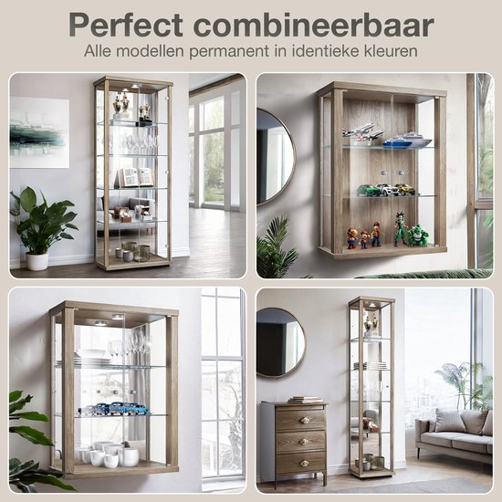 Vitrine sur pied à 1 porte, 4 étagères en verre réglables en hauteur - Éclairage LED - 176 x 37 x 33 cm - Chêne Sonoma