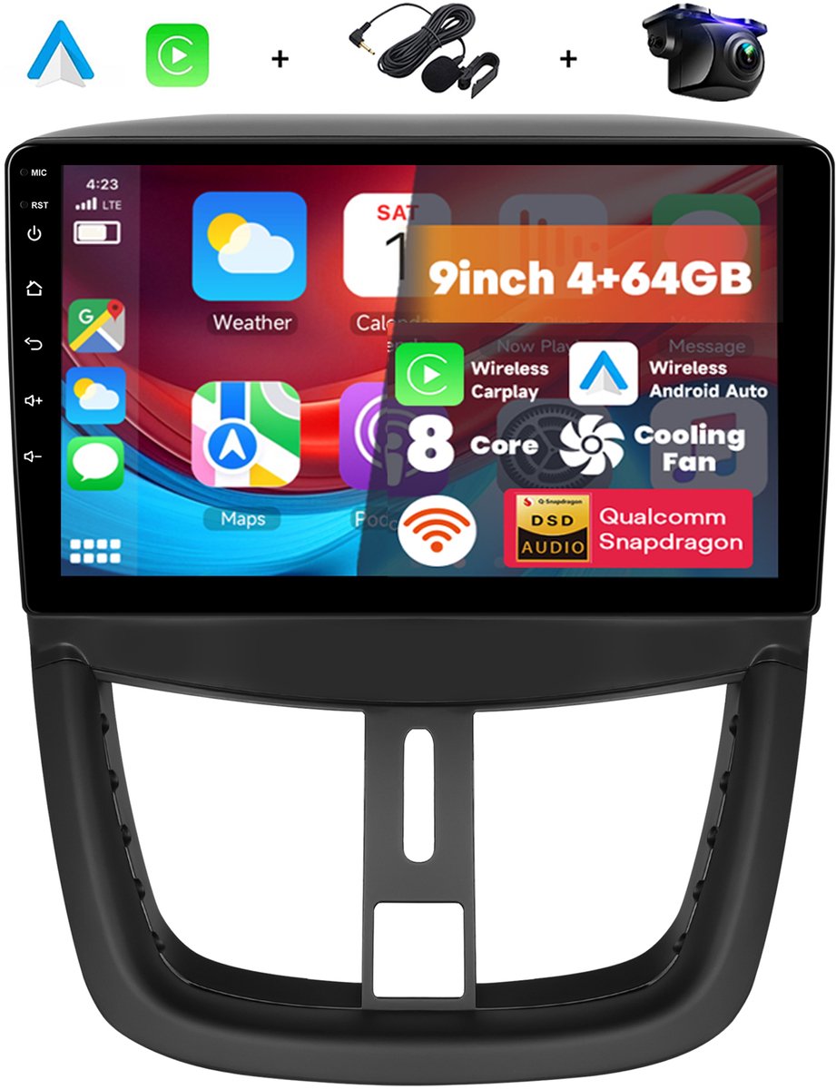 Boscer Android 15 Autoradio - Geschikt voor Peugeot 207 2006-2015 - 8-Core 4+64GB - Interne Koeler - Apple Carplay & Android Auto (Draadloos) - 9 Inch HD IPS Touchscreen - GPS Navigatiesysteem - USB, WiFi & MP5 - Achteruitrijcamera & Microfoon