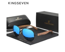 KINGSEVEN 5518 Pilotenbril - Zwart Frame met Spiegelblauwe Lenzen & Houtlook Pootjes